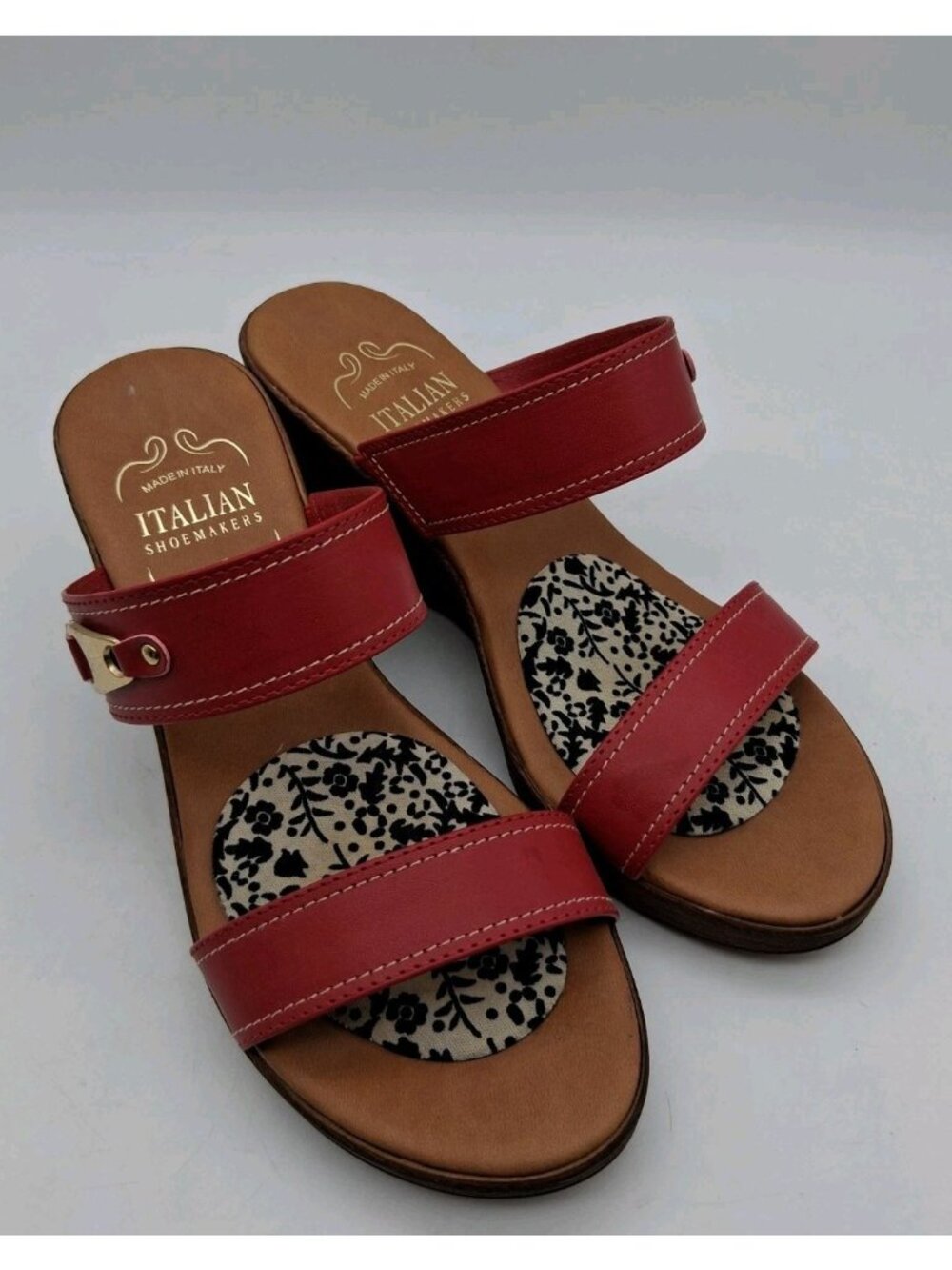 Italian Shoemakers Leather Red Mallory Double Strap Wedge Sandal Size 7.5